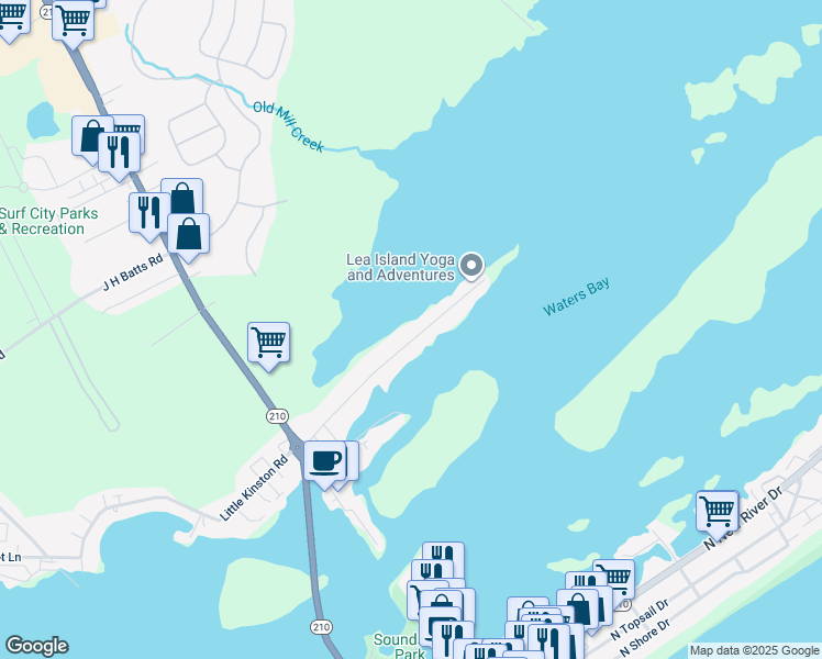 map of restaurants, bars, coffee shops, grocery stores, and more near 399 Atkinson Point in Holly Ridge