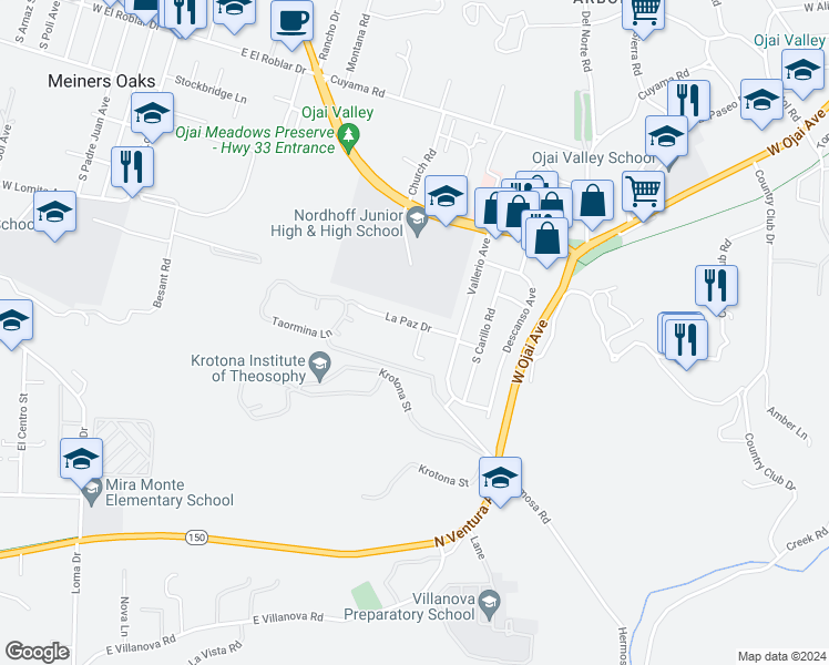 map of restaurants, bars, coffee shops, grocery stores, and more near 1401 La Paz Drive in Ojai
