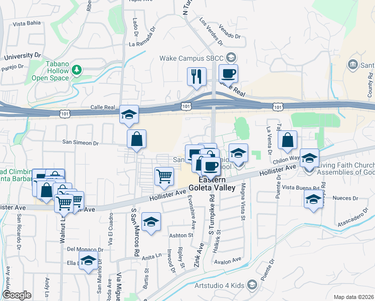 map of restaurants, bars, coffee shops, grocery stores, and more near 105 San Angelo in Santa Barbara