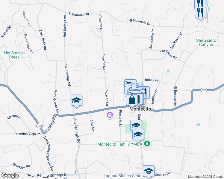 map of restaurants, bars, coffee shops, grocery stores, and more near 1418 East Valley Road in Montecito