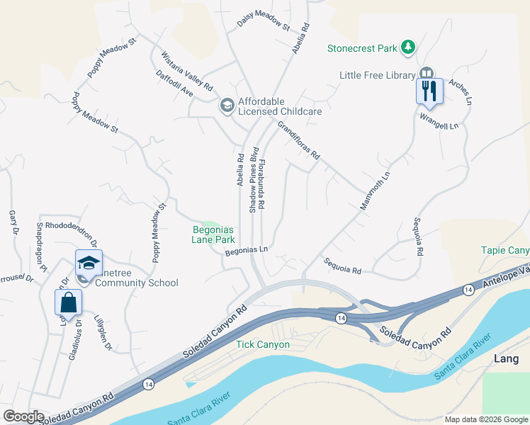 map of restaurants, bars, coffee shops, grocery stores, and more near 29262 Florabunda Road in Santa Clarita