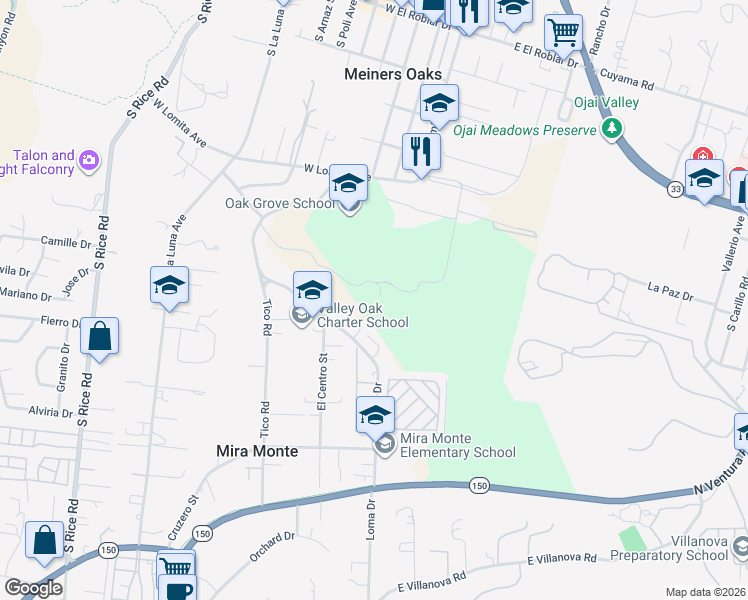 map of restaurants, bars, coffee shops, grocery stores, and more near 644 Tico Road in Ojai