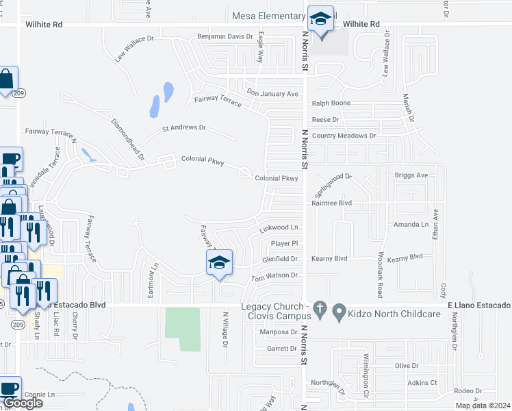 map of restaurants, bars, coffee shops, grocery stores, and more near 1904 Fairway Terrace in Clovis