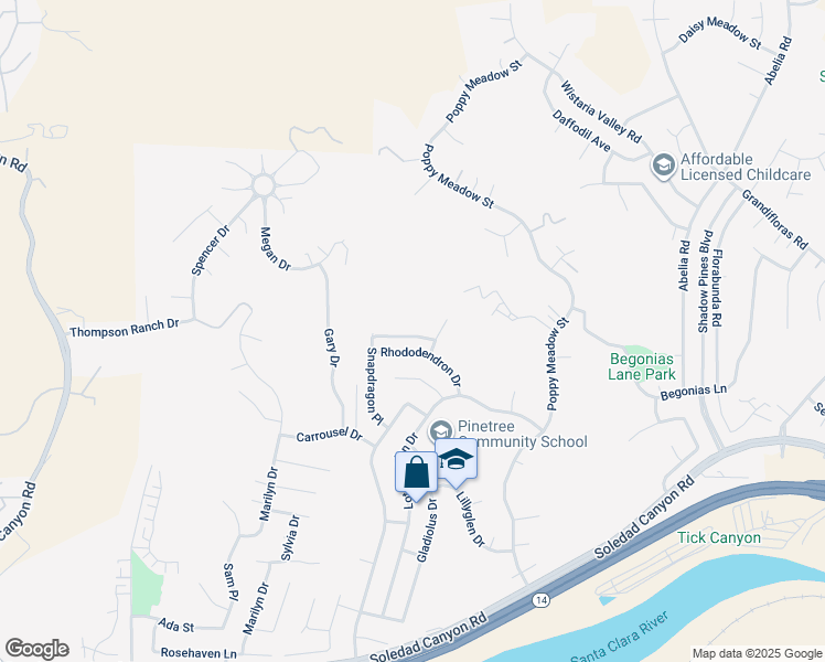 map of restaurants, bars, coffee shops, grocery stores, and more near 29315 Melia Way Drive in Santa Clarita