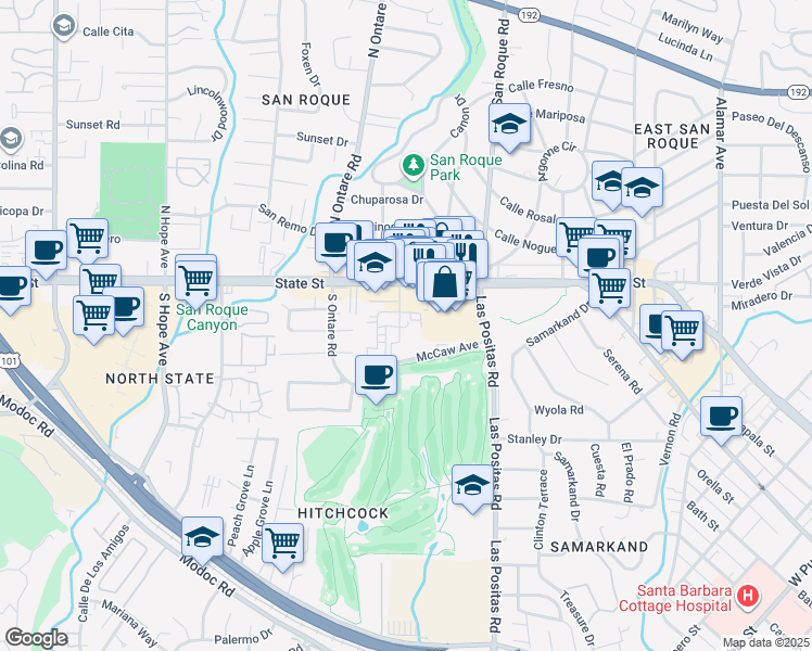 map of restaurants, bars, coffee shops, grocery stores, and more near 42 Broadmoor Plaza in Santa Barbara
