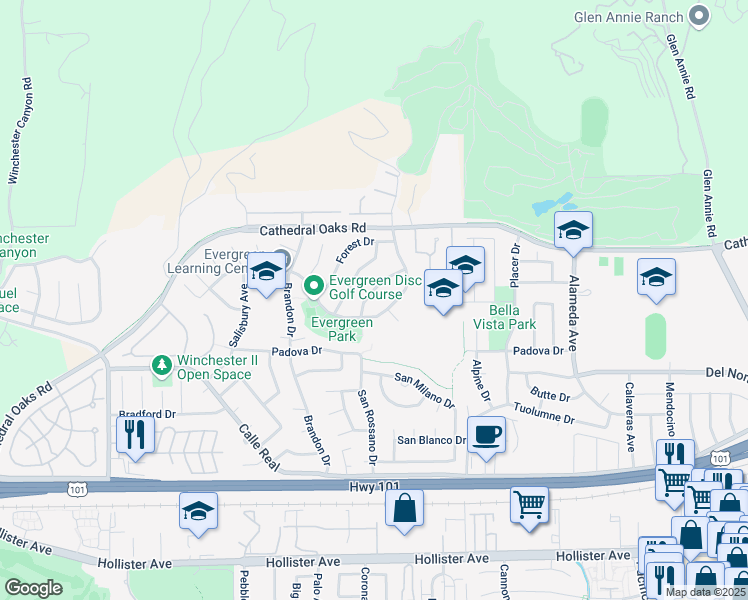 map of restaurants, bars, coffee shops, grocery stores, and more near 7498 Evergreen Drive in Goleta