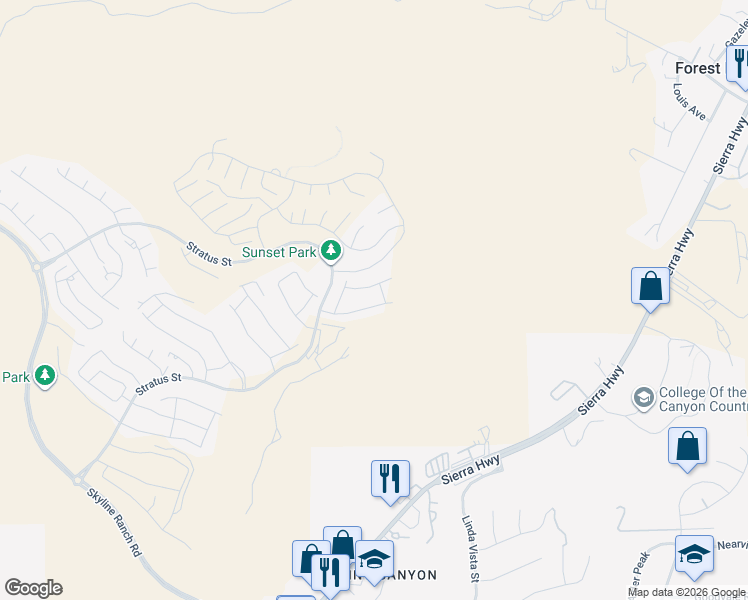 map of restaurants, bars, coffee shops, grocery stores, and more near 17715 Hillside Way in Santa Clarita