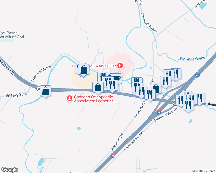 map of restaurants, bars, coffee shops, grocery stores, and more near 1815 Glenn Boulevard Southwest in Fort Payne