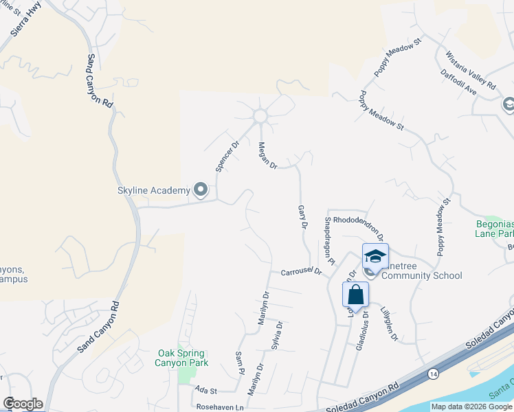 map of restaurants, bars, coffee shops, grocery stores, and more near 15717 Alia Court in Santa Clarita