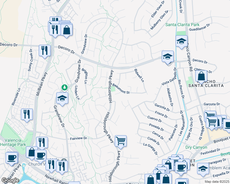 map of restaurants, bars, coffee shops, grocery stores, and more near 23371 Camford Place in Santa Clarita