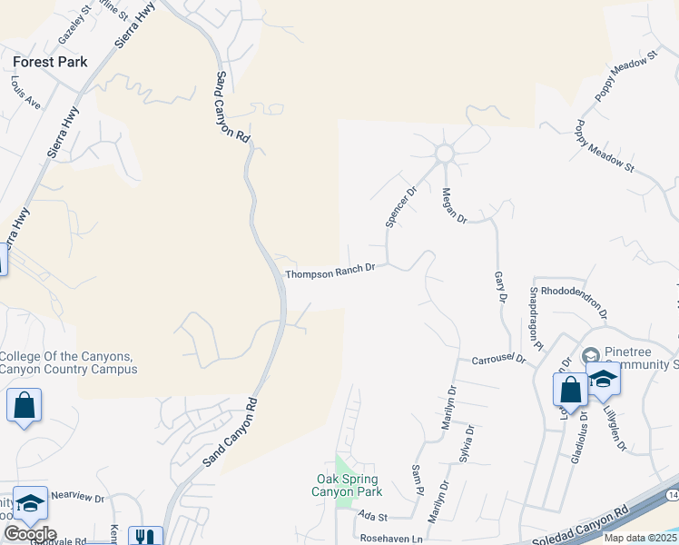 map of restaurants, bars, coffee shops, grocery stores, and more near 15958 Thompson Ranch Dr in Los Angeles