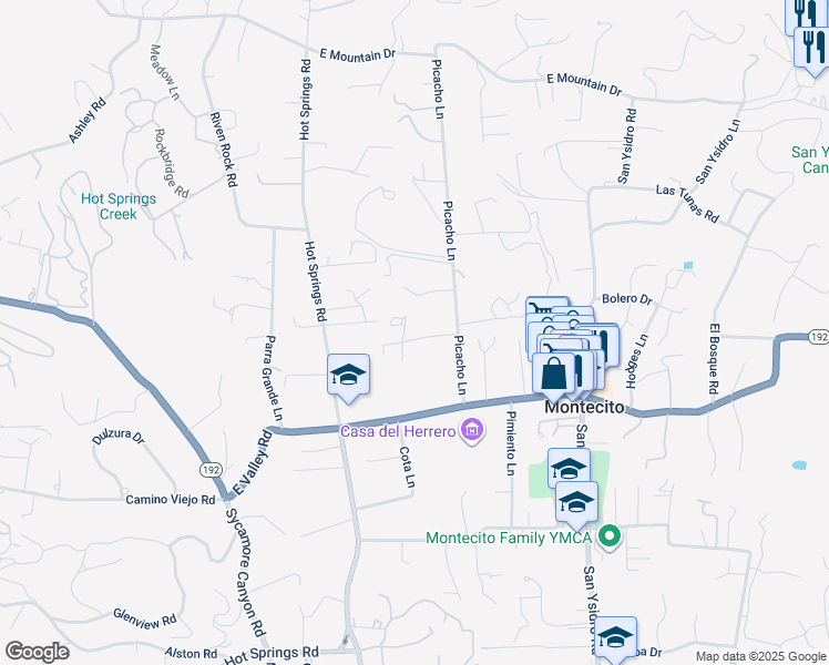 map of restaurants, bars, coffee shops, grocery stores, and more near 608 Stone Meadow Lane in Montecito