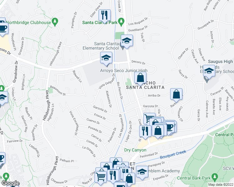 map of restaurants, bars, coffee shops, grocery stores, and more near 27050 Las Mananitas Drive in Santa Clarita