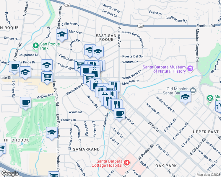 map of restaurants, bars, coffee shops, grocery stores, and more near 2833 State Street in Santa Barbara
