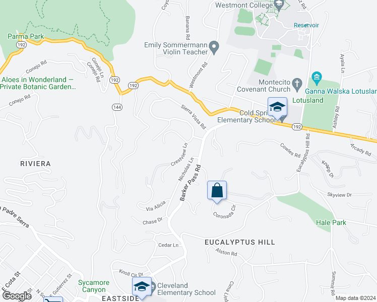 map of restaurants, bars, coffee shops, grocery stores, and more near 25 Crestview Lane in Montecito