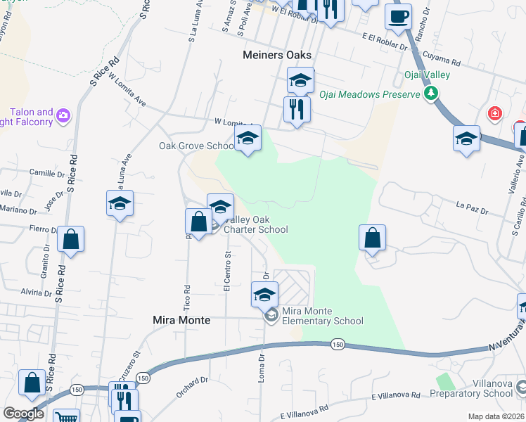 map of restaurants, bars, coffee shops, grocery stores, and more near 644 Tico Road in Ojai