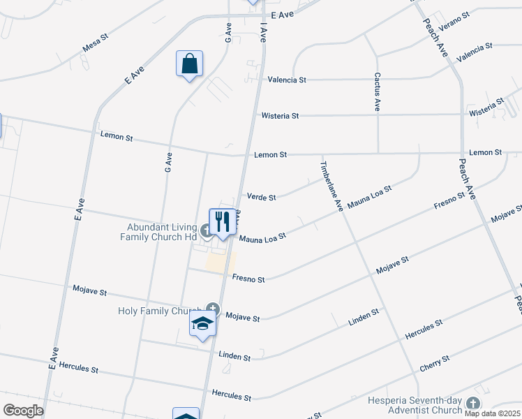 map of restaurants, bars, coffee shops, grocery stores, and more near 17685 Verde Street in Hesperia
