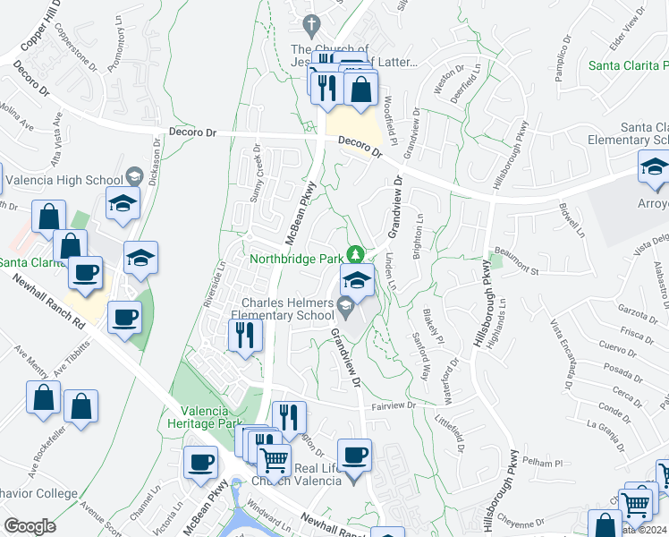 map of restaurants, bars, coffee shops, grocery stores, and more near 27476 Westover Way in Santa Clarita
