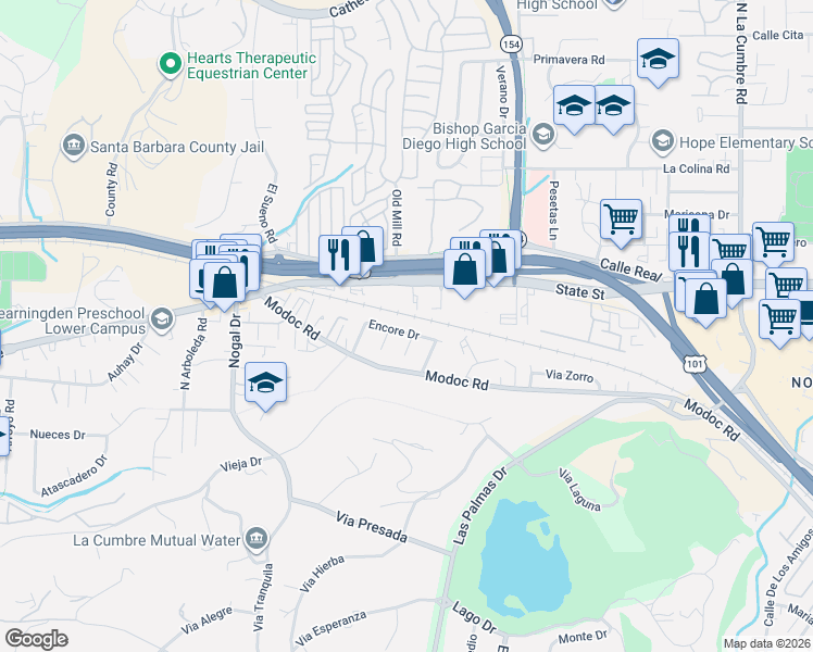 map of restaurants, bars, coffee shops, grocery stores, and more near 165 Del Canto Lane in Santa Barbara