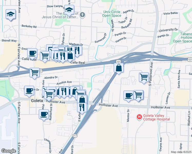 map of restaurants, bars, coffee shops, grocery stores, and more near 5514 Armitos Avenue in Goleta