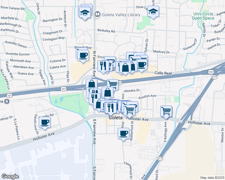 map of restaurants, bars, coffee shops, grocery stores, and more near 36 Magnolia Avenue in Goleta