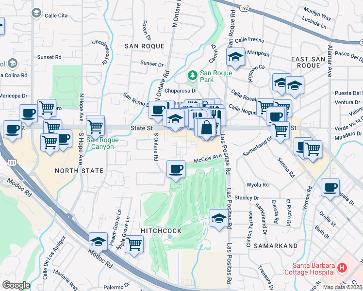 map of restaurants, bars, coffee shops, grocery stores, and more near 42 Broadmoor Plaza in Santa Barbara