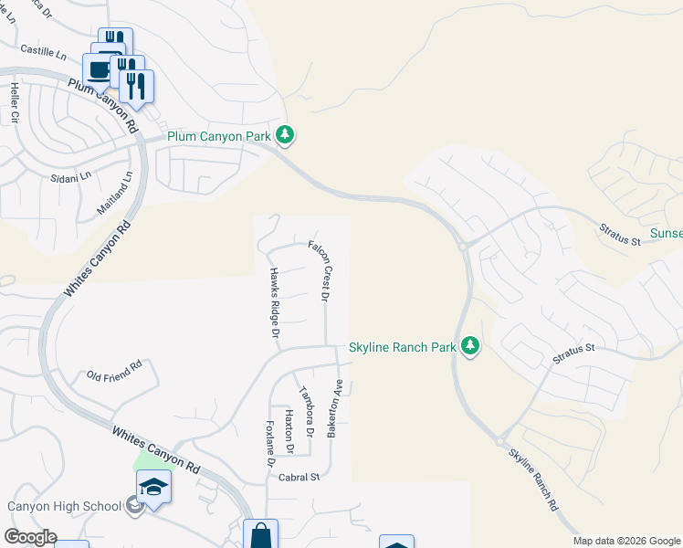 map of restaurants, bars, coffee shops, grocery stores, and more near 28430 Falcon Crest Drive in Santa Clarita