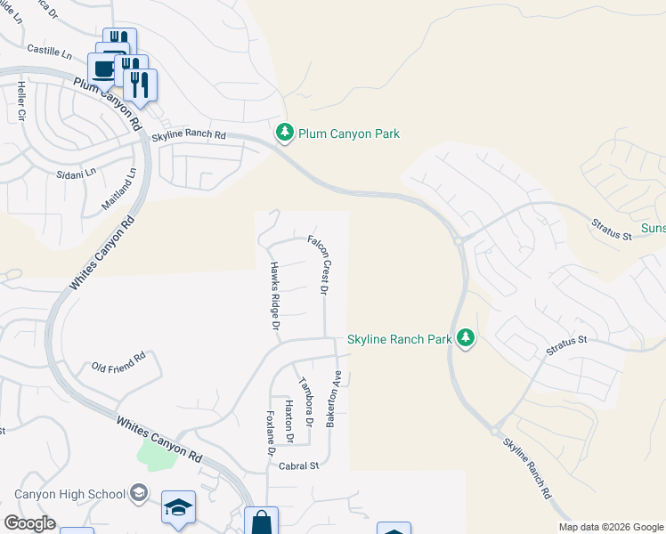 map of restaurants, bars, coffee shops, grocery stores, and more near 28430 Falcon Crest Drive in Santa Clarita