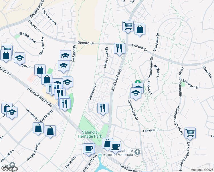 map of restaurants, bars, coffee shops, grocery stores, and more near 24008 Amphora Place in Santa Clarita