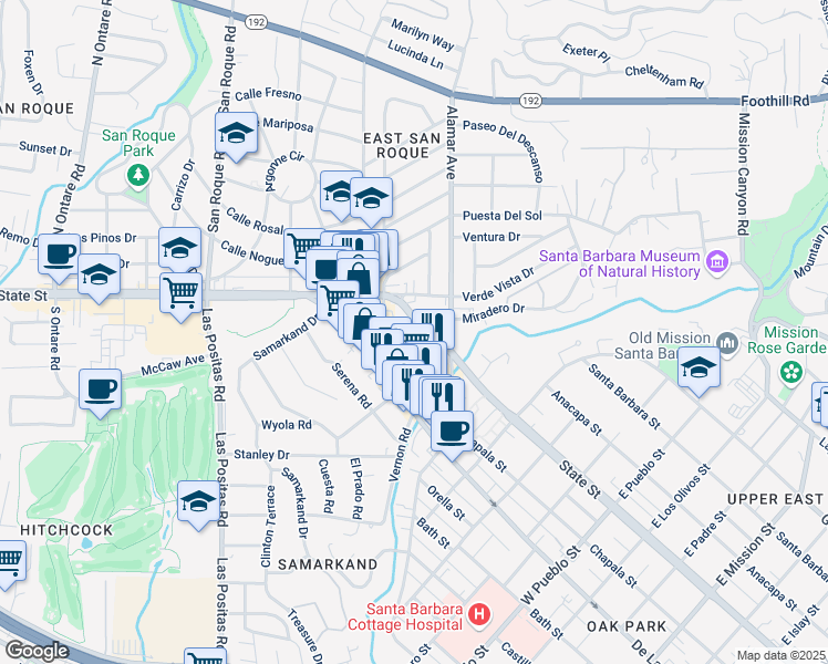 map of restaurants, bars, coffee shops, grocery stores, and more near 2819 State Street in Santa Barbara