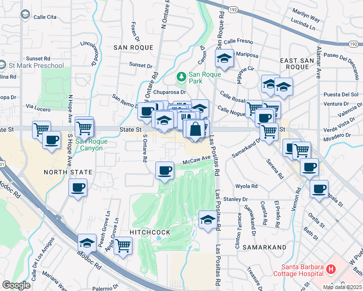 map of restaurants, bars, coffee shops, grocery stores, and more near 42 Broadmoor Plaza in Santa Barbara