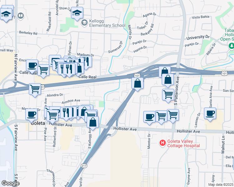 map of restaurants, bars, coffee shops, grocery stores, and more near 119 Armitos Avenue in Goleta