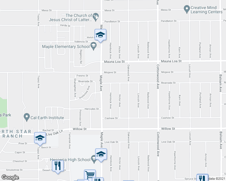 map of restaurants, bars, coffee shops, grocery stores, and more near 10393 Hemlock Avenue in Hesperia