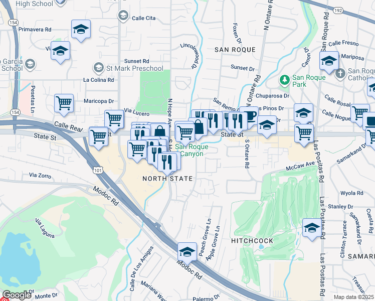 map of restaurants, bars, coffee shops, grocery stores, and more near 36 Hitchcock Way in Santa Barbara
