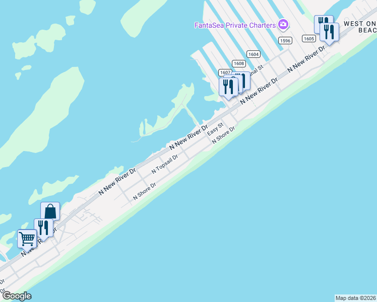map of restaurants, bars, coffee shops, grocery stores, and more near 1404 North Topsail Drive in Surf City