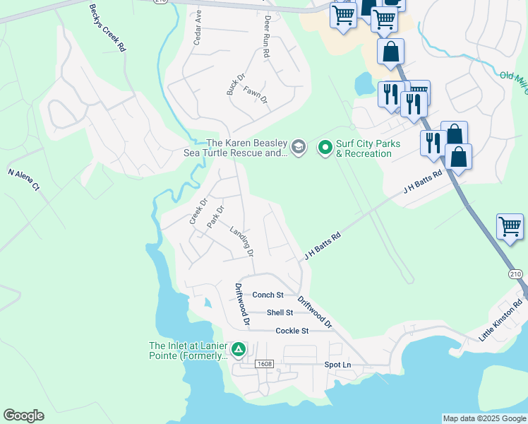 map of restaurants, bars, coffee shops, grocery stores, and more near 325 Blue Fan Street in Surf City