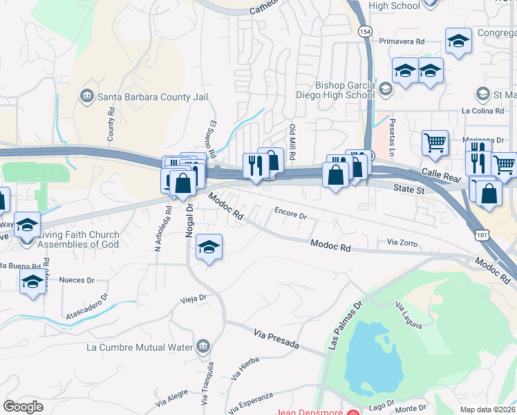 map of restaurants, bars, coffee shops, grocery stores, and more near 4320 Modoc Road in Santa Barbara