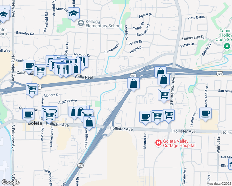 map of restaurants, bars, coffee shops, grocery stores, and more near 43 Dearborn Place in Goleta