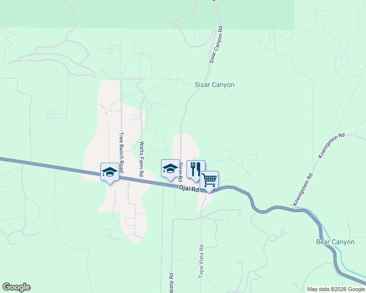 map of restaurants, bars, coffee shops, grocery stores, and more near 12395 Sisar Road in Ojai