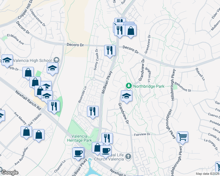 map of restaurants, bars, coffee shops, grocery stores, and more near 23939 Hammond Court in Santa Clarita