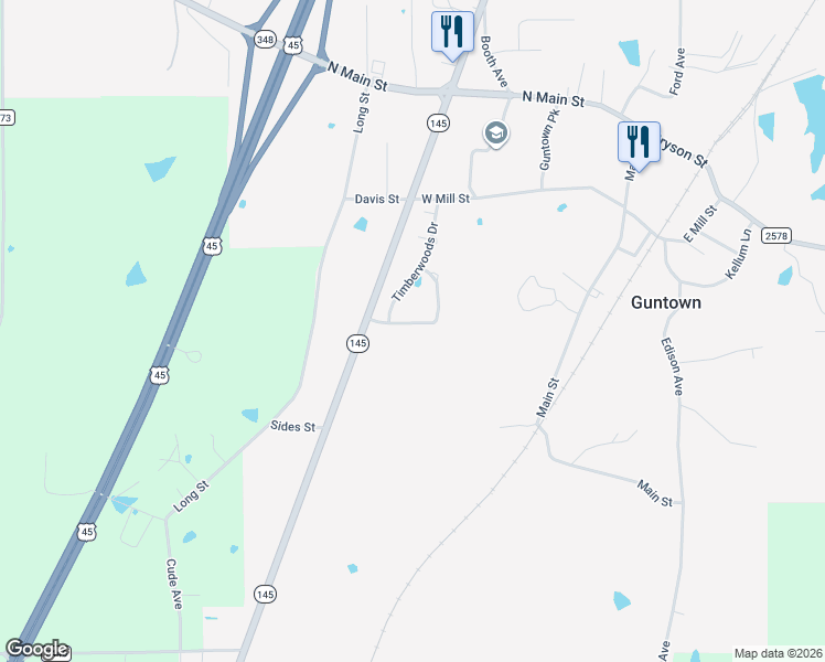 map of restaurants, bars, coffee shops, grocery stores, and more near 114 Deerfield Road in Guntown