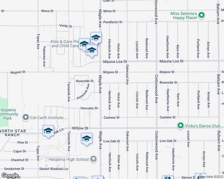 map of restaurants, bars, coffee shops, grocery stores, and more near 10393 Hemlock Avenue in Hesperia