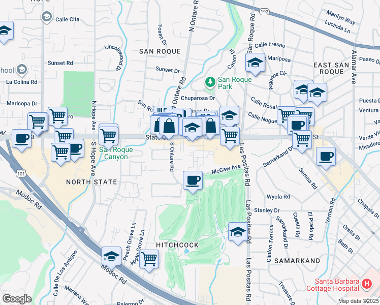 map of restaurants, bars, coffee shops, grocery stores, and more near 3505 State Street in Santa Barbara