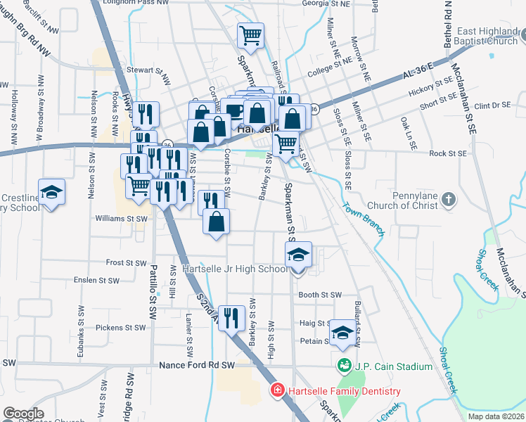 map of restaurants, bars, coffee shops, grocery stores, and more near 701 Barkley Street Southwest in Hartselle
