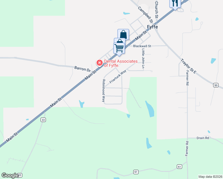map of restaurants, bars, coffee shops, grocery stores, and more near 77 Nottingham Lane in Fyffe