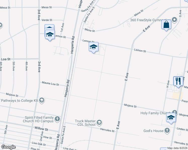 map of restaurants, bars, coffee shops, grocery stores, and more near Mauna Loa Street in Hesperia