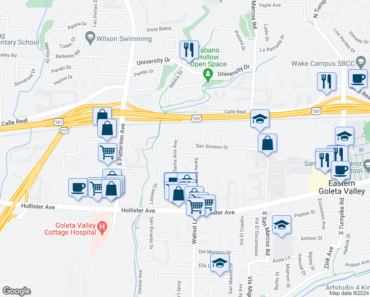 map of restaurants, bars, coffee shops, grocery stores, and more near 5169 San Simeon Drive in Santa Barbara