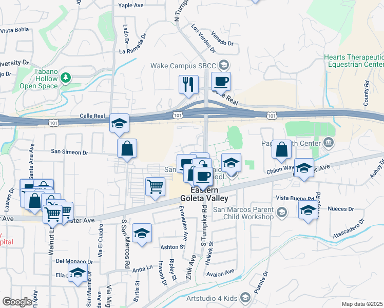 map of restaurants, bars, coffee shops, grocery stores, and more near 4834 San Gordiano Avenue in Santa Barbara