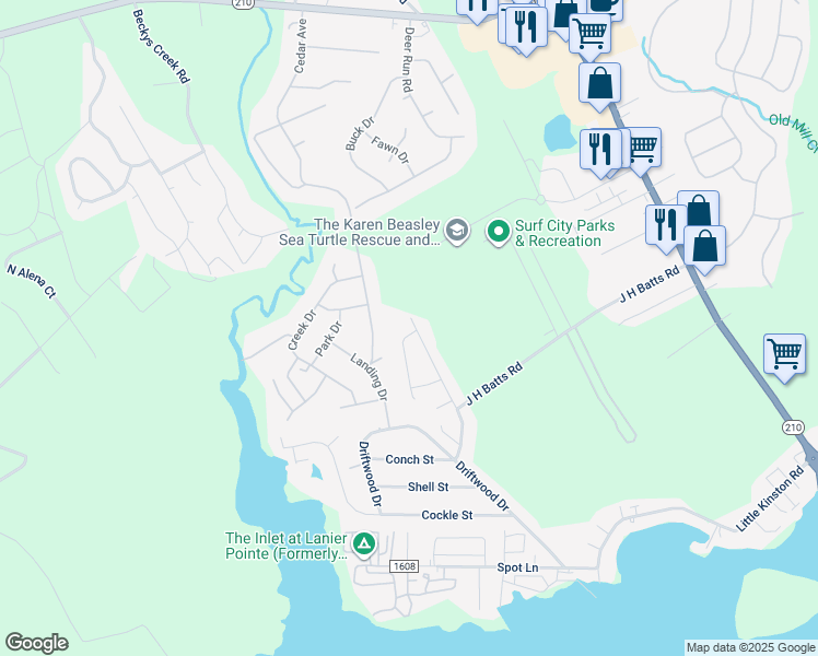 map of restaurants, bars, coffee shops, grocery stores, and more near 325 Blue Fan Street in Surf City