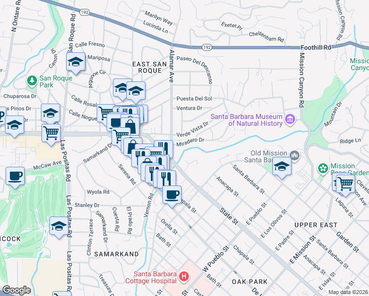 map of restaurants, bars, coffee shops, grocery stores, and more near 2881 Verde Vista Drive in Santa Barbara